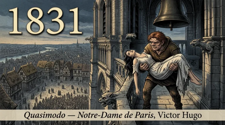 Gravure de Quasimodo portant Esmeralda évanouie sur une galerie de Notre-Dame, entre les gargouilles