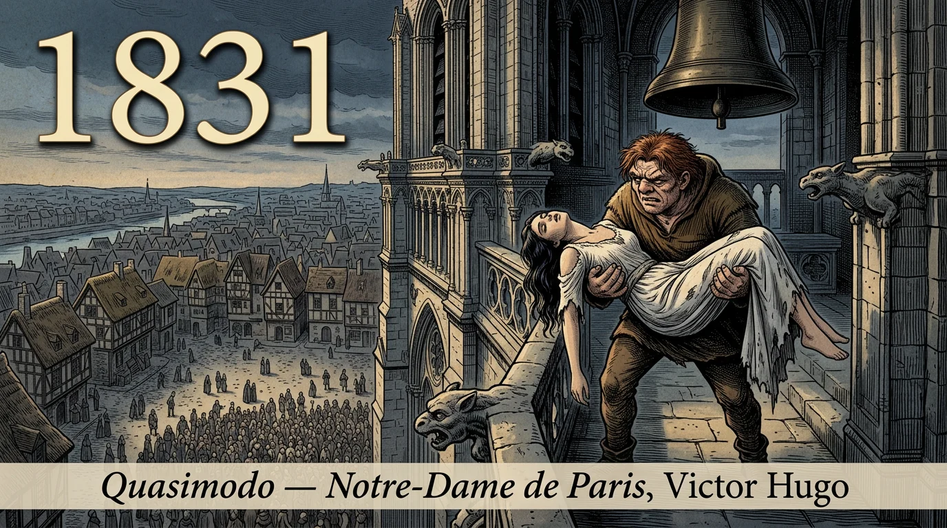 Gravure de Quasimodo portant Esmeralda évanouie sur une galerie de Notre-Dame, entre les gargouilles