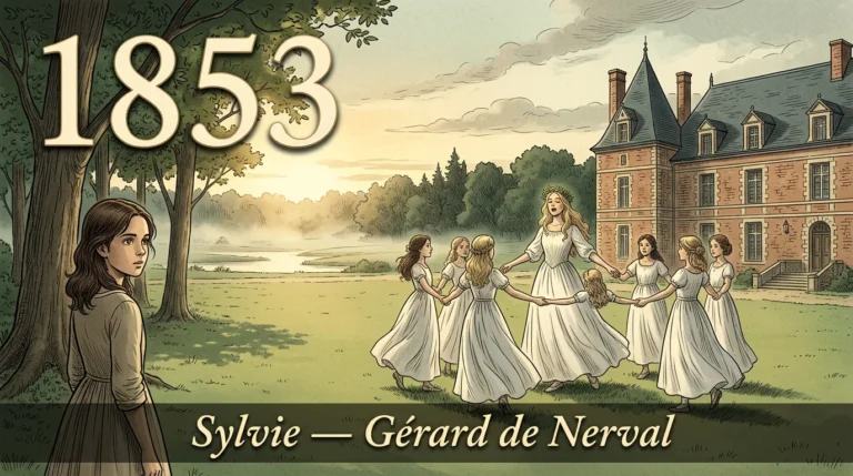 Gravure d’une ronde de jeunes filles devant un château du Valois, Adrienne couronnée de laurier, Sylvie à l’écart