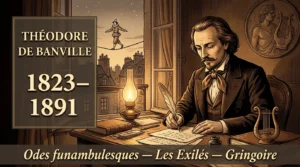 Portrait sépia de Théodore de Banville à sa table de travail, lyre et silhouette de funambule sur les toits de Paris