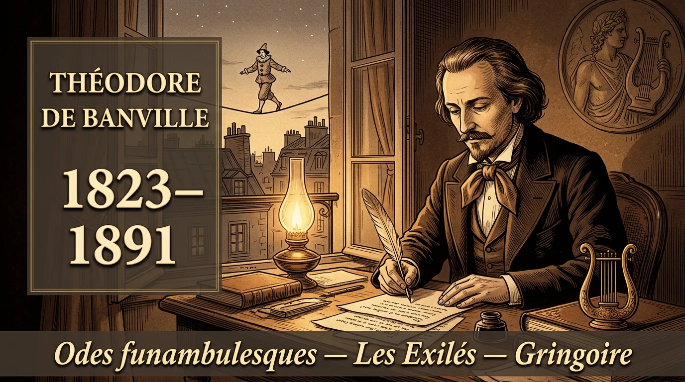Portrait sépia de Théodore de Banville à sa table de travail, lyre et silhouette de funambule sur les toits de Paris